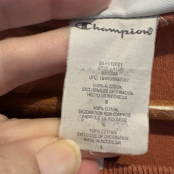 Champion T Shirt Large Terracotta Pink Embroidered Logo Patch Casual Mixed Media - Picture 10 of 13